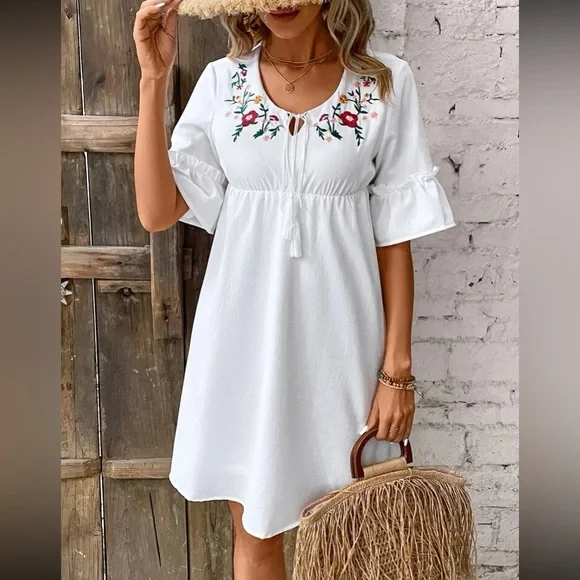 mesh floral mini dress Women's Floral Sheer Mesh Mini Dress + Faux Wrap